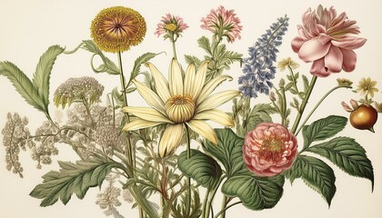 Intricate vintage botanical illustration of various flowers on a white background.
