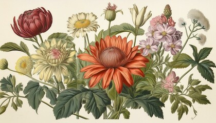 Intricate vintage botanical illustration of various flowers on a white background.