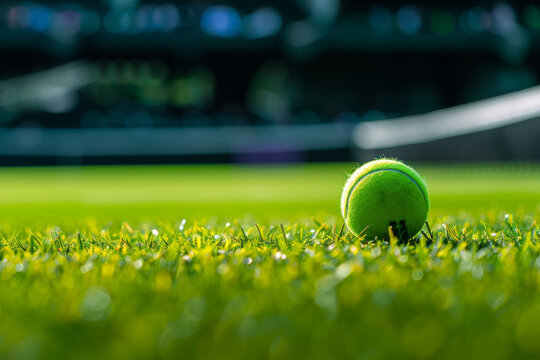 Tennis ball on the grass of queen's club in London, tennis stadium background