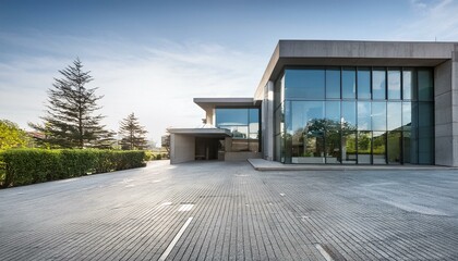 Sleek contemporary building with large glass windows and raw concrete structure.