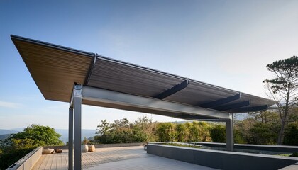Obraz premium Sleek, modern cantilevered roof with adjustable overhang for minimalist architecture.