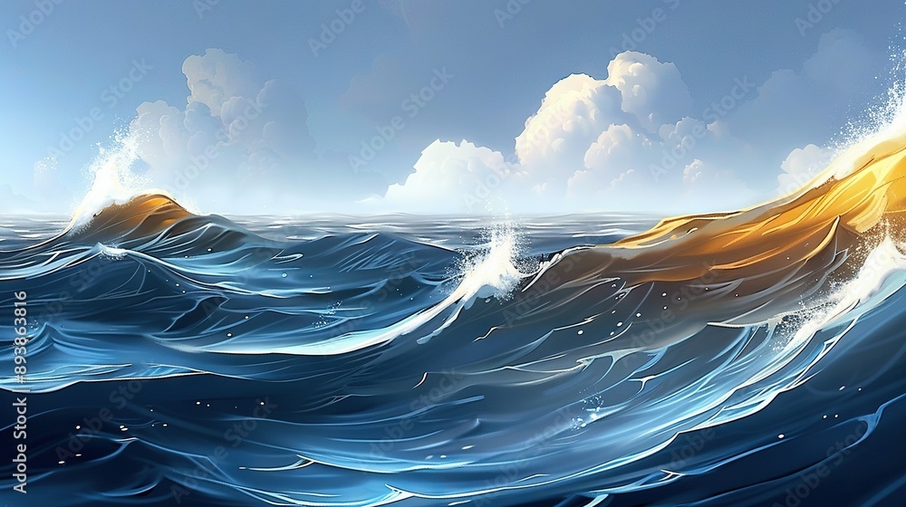 Poster   A painting of a blue wave crashing onto the shore, set against a backdrop of white clouds and a sunny sky