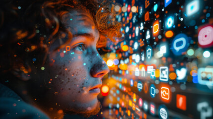 oung man immersed in digital icons. Social media and technology concept with copy space