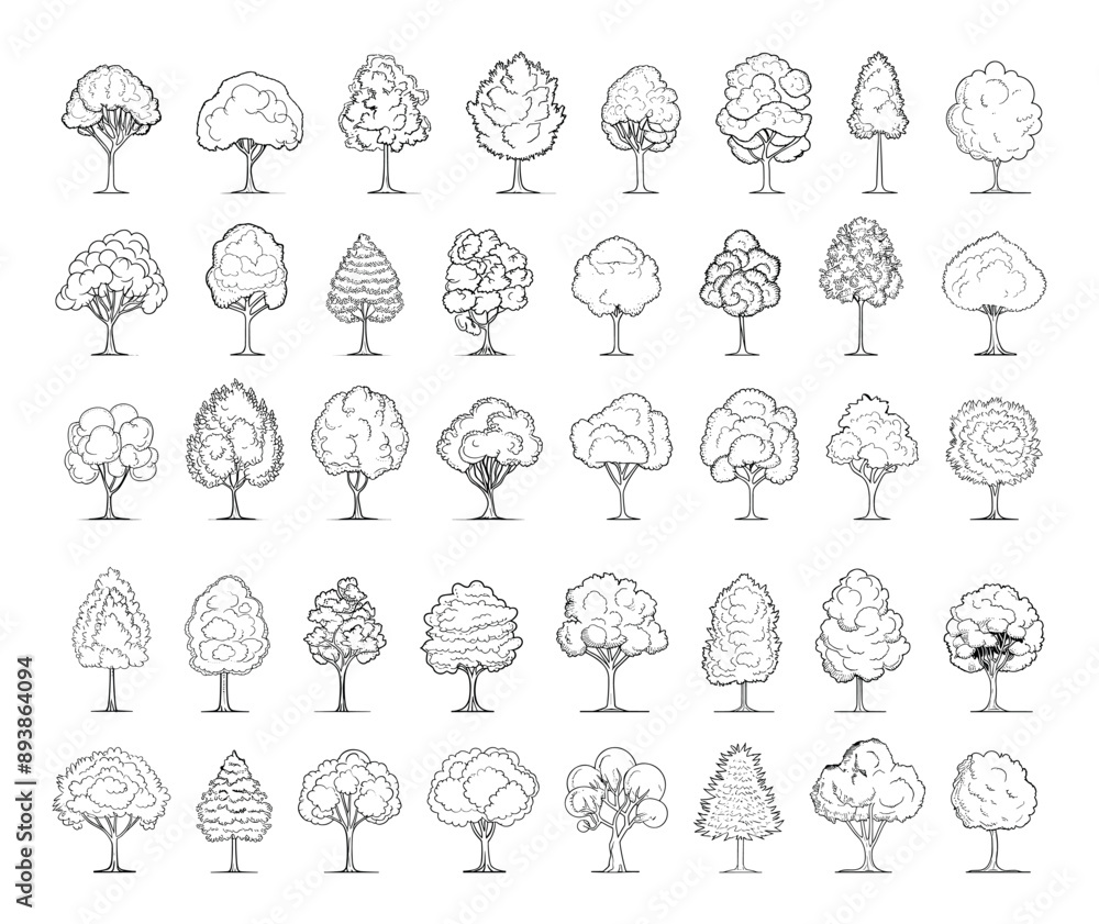 Poster minimal style tree line drawing icons set low detailed line sketch crisp contours white background s