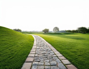 Obraz premium Tranquil stone walkway in lush green field against white backdrop, perfect for landscape design inspiration.