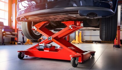 Fototapeta premium A car jack in a clean and modern car workshop. AI generated