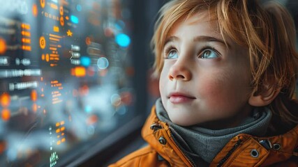 Portrait child boy with digital code overlay, ai learning, data and technology future, digital tech education, cybersecurity and digital marketing. Concept of blockchain and data storage. - Powered by Adobe