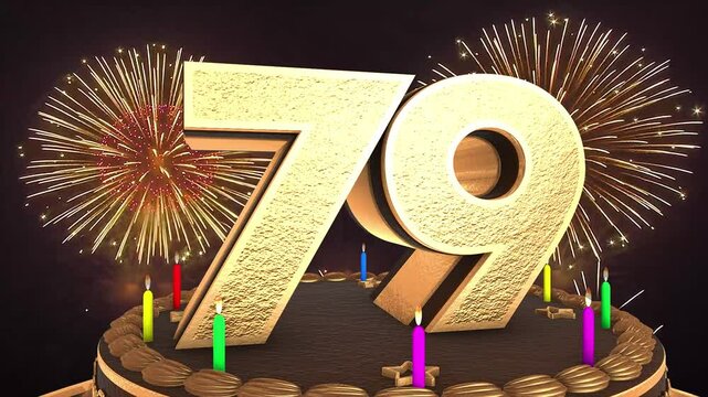 79th birthday chocolate cake animation 3d render in chocolate gold with confetti and balloon background. 4k