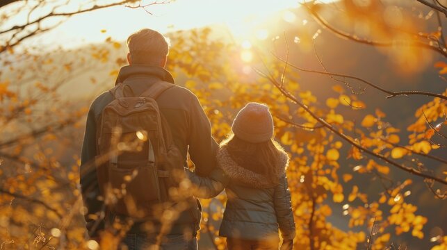 A family hike in autumn forest