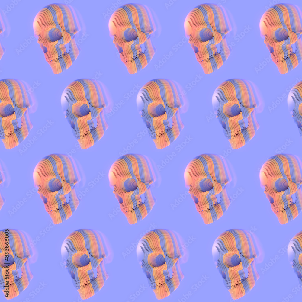 Poster colorful 3d rendering skulls formed by a series of multicolored stripes on a light purple background