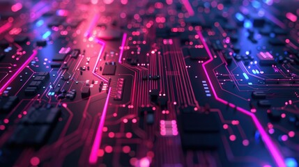 Glowing neon circuit board against a dark background