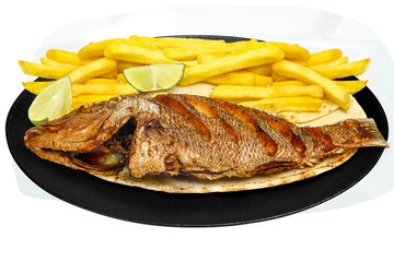 fried fish, Fried Shary Fish,  Fried fish with potato chips on a plate on a White  background