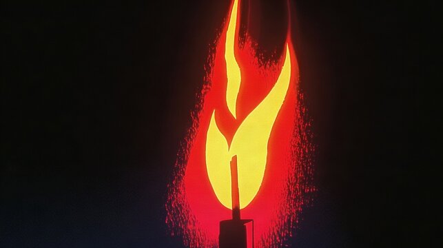   A fire is lit in the dark with red and yellow flames emanating from the top of the flamer