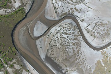 Amazing scenic grass landscape environment climate of river flow green field drone aerial top view