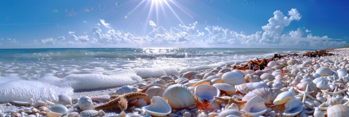 A beach scene with beautiful seashells and starfish on the sandy shore, under a bright sunny sky - Generative ai