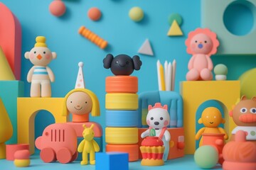 Fototapeta premium Colorful Playtime With Stacking Toys and Play Characters in a Playroom