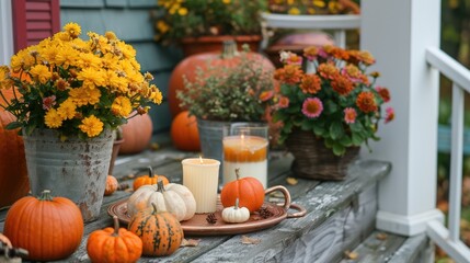 Spiced tea tray with orange on porch adorned with pumpkins, flowers, and candles. Cozy, festive autumn home entrance.