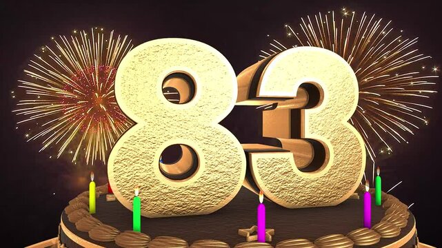 83rd birthday chocolate cake animation 3d render in chocolate gold with confetti and balloon background. 4k