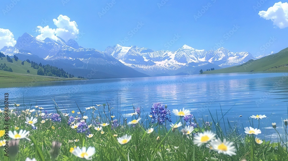 Poster   A field of wildflowers beside a water body and a mountain range in the backdrop