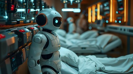 A futuristic medical facility where Advanced Robotics assist in surgeries and patient care