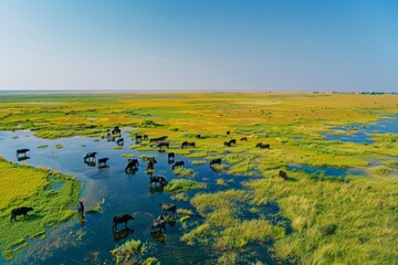 vast grassland of River is covered with green water, surrounded by endless prairie and grazing cattle on both sides