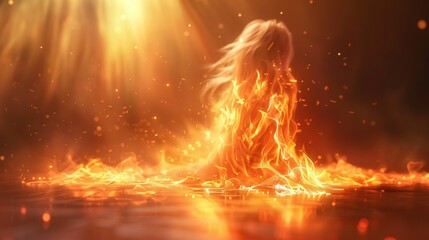   A woman in a yellow-orange flamingo pose surrounded by water droplets in the center of a fiery lake