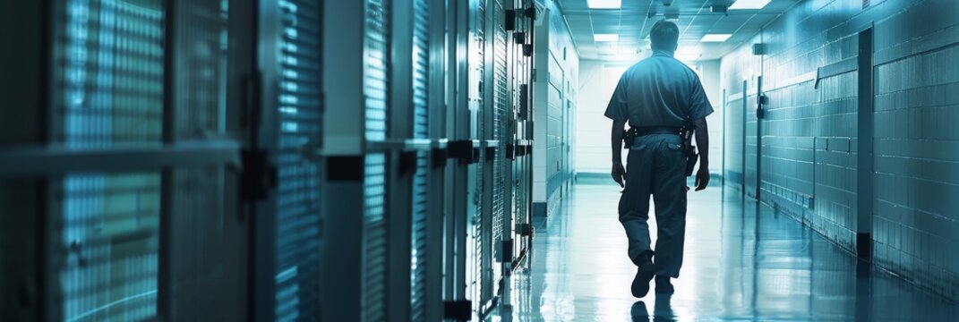 A correctional officer walks down a long, empty hallway inside a prison