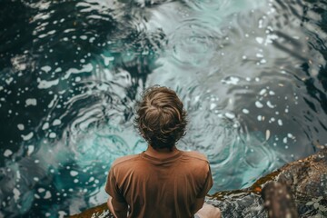 Fototapeta premium A person gazes at swirling, turquoise waters from a rocky edge. The mesmerizing view captures a moment of quiet contemplation.
