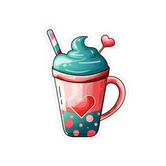 isolated sweet flat summer blue drink in pink mug with heart on the white background. vector sticker art