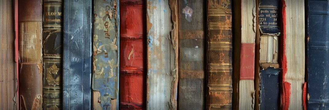 A close-up view of various worn book spines