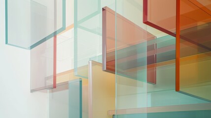 A close-up view of layered glass panels, featuring a variety of colors and angles, creates a modern and abstract design within a contemporary interior