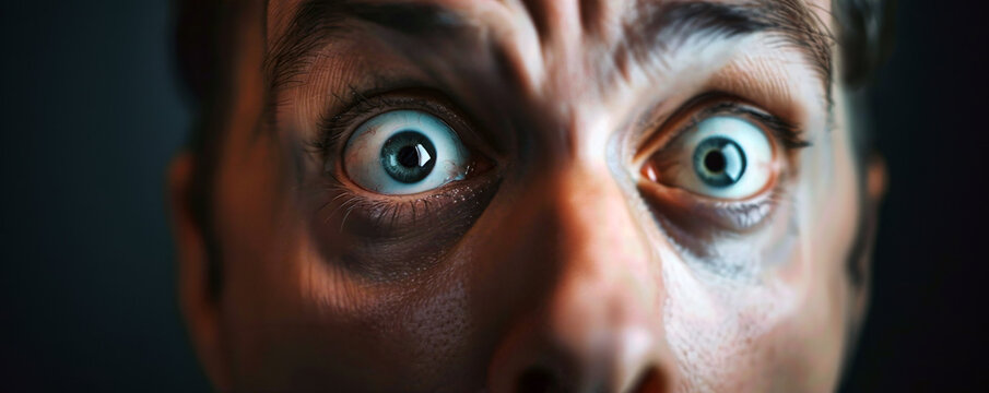 A close-up of a shocked man with wide eyes that convey intense emotion and surprise in a dramatic lighting.