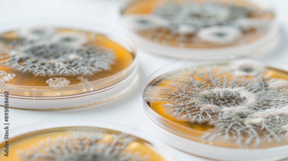 Poster microbial colonies on white background with space for text close up view of mold in petri dish for a