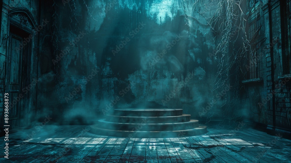 Poster a circular platform with steps in a foggy and abandoned room