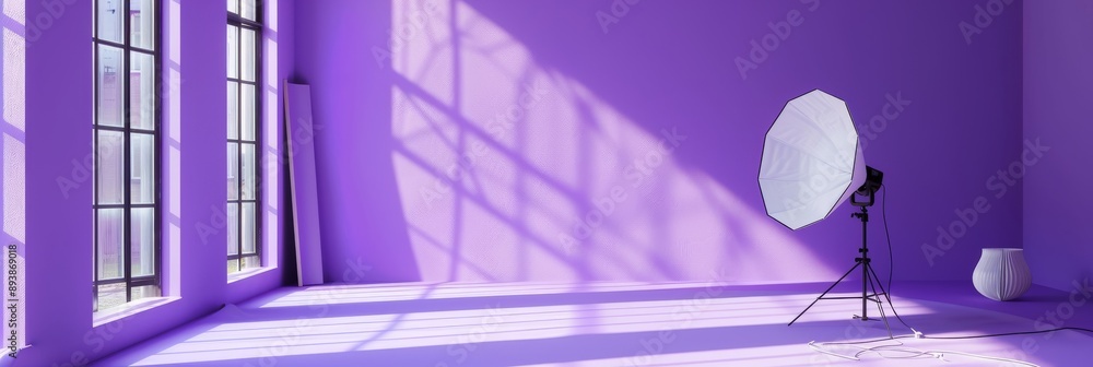 Poster a purple studio room with large windows, featuring a minimalist setup with a white softbox, a tripod