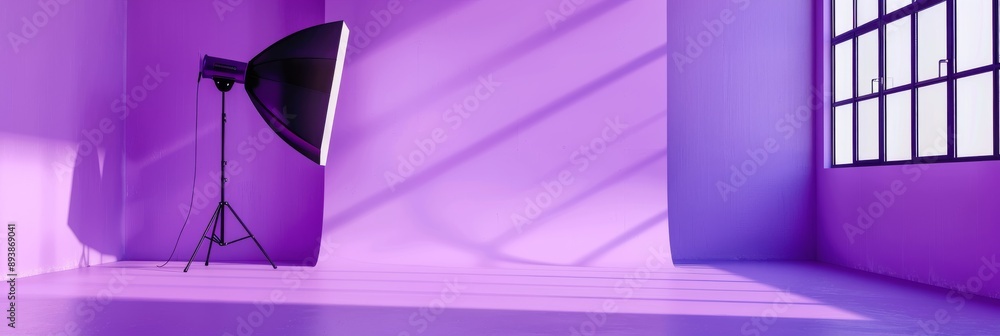 Poster a single studio light stands on a tripod in a purple studio space with a large window casting soft s