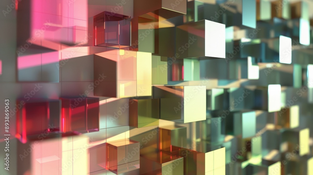 Poster a digital rendering of a contemporary design featuring a grid of colorful floating cubes