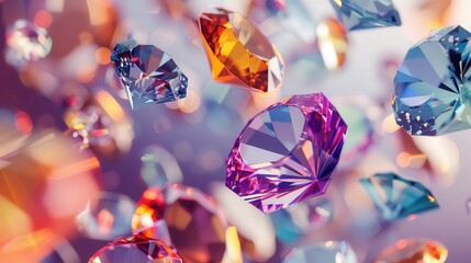 A collection of colorful faceted gemstones with varying sizes are suspended in mid-air against a soft blurred background