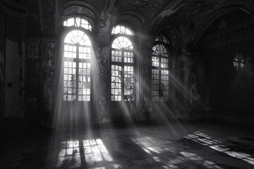 Obraz premium Black and White Photography of Sunlight Streaming Through Tall Arched Windows in an Ancient Building, Highlighting Stone Texture and Dramatic Shadows