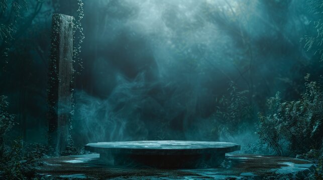 A stone platform in a foggy forest with a mystical ambiance