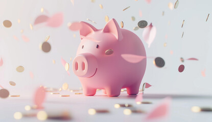 3D rendering of a pink piggy bank with coins falling inside on a white background, in a minimalistic style