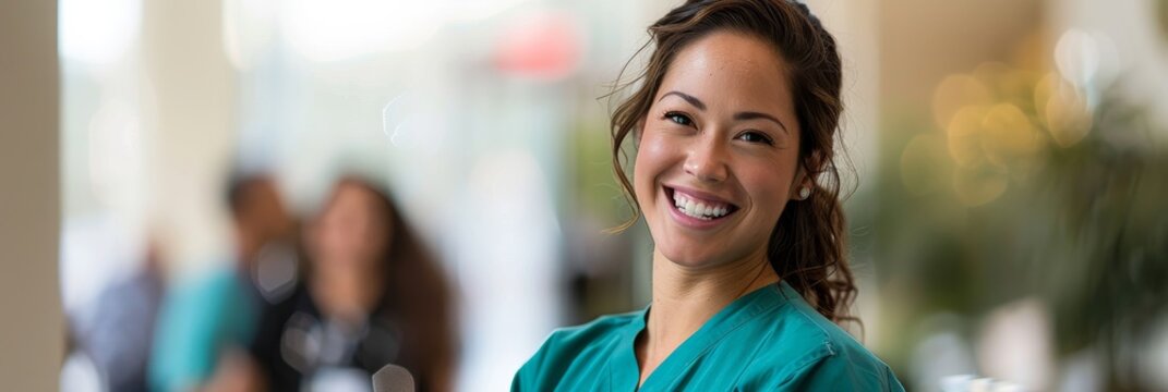 A smiling female doctor or nurse in teal scrubs stands in a hospital hallway, radiating warmth and professionalism