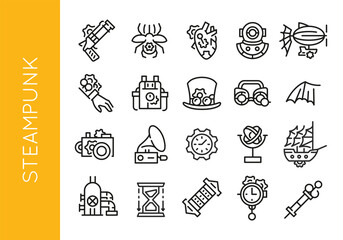 Steampunk Icons. Set of 20 Steampunk Trendy Minimal Icons. Mechanical arm, steampunk heart, camera, airship, hat icon. Design signs for web page, mobile app, packaging design. Vector illustration