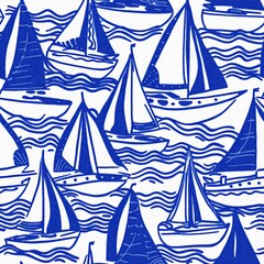 Coastal sail boat in azure ocean blue seamless background, Modern sailing race boat block print for decorative coast interior furnishing fabric . Rustic linen beach cottage trend tile. 