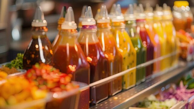 A variety of condiments including sauces es and dressings lined up on a shelf next to the food stands.