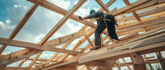 A construction worker balancing on wooden beams as he builds the frame of a house, with a bright blue sky overhead.