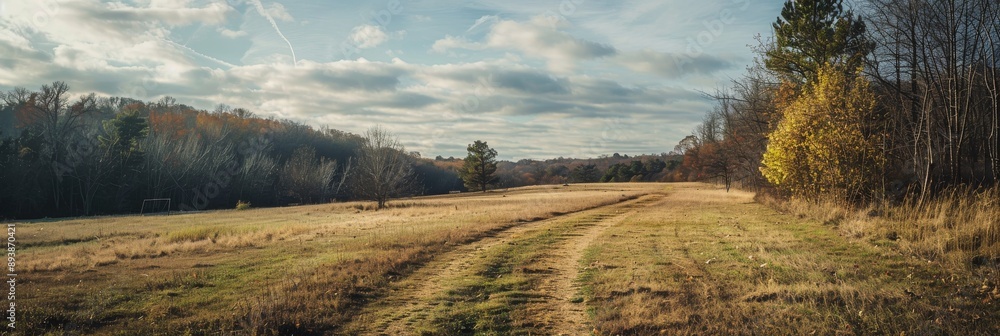 Poster a dirt path winds through a grassy field with scattered trees. the sky is partly cloudy, with a line