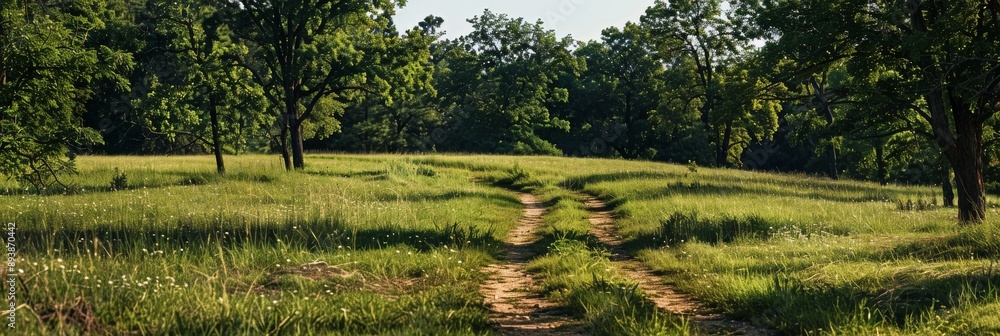 Poster a wide shot of a dirt path winding through a green, grassy field with scattered trees. sunlight illu