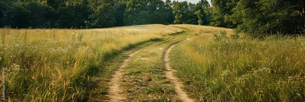 Poster a winding dirt path cuts through a field of tall grass, flanked by scattered trees and a line of den