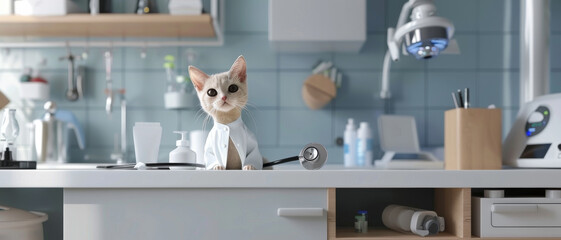 A cute cat dressed in a white coat and stethoscope sits attentively on a modern laboratory workstation, appearing ready to greet patients.